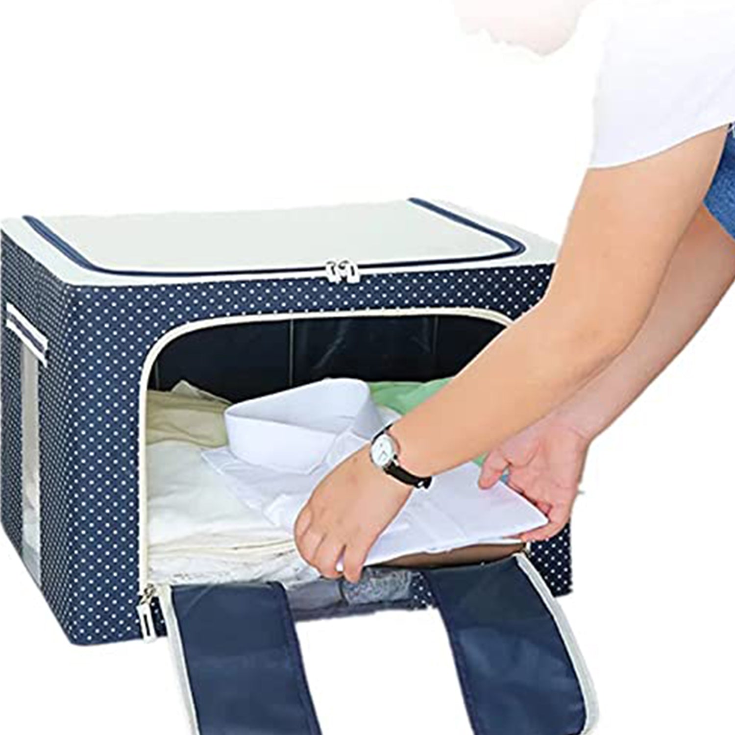 Foldable Steel Frame Clothes Living Storage Organizer Handled Bag Box For Large Size Bedding Blankets Women Saree Toys  Cloth Storage Box  Bag (66 Liters)