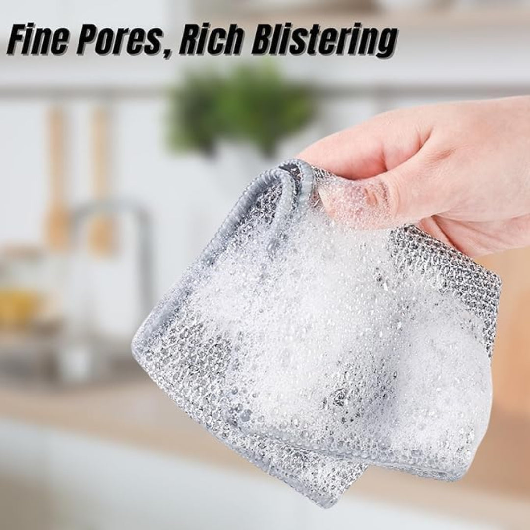 KLICKKART Double-sided Multipurpose Microfiber Cloths Stainless Steel Scrubber Non-scratch Wire Dishcloth Durable Kitchen Scrub Cloth