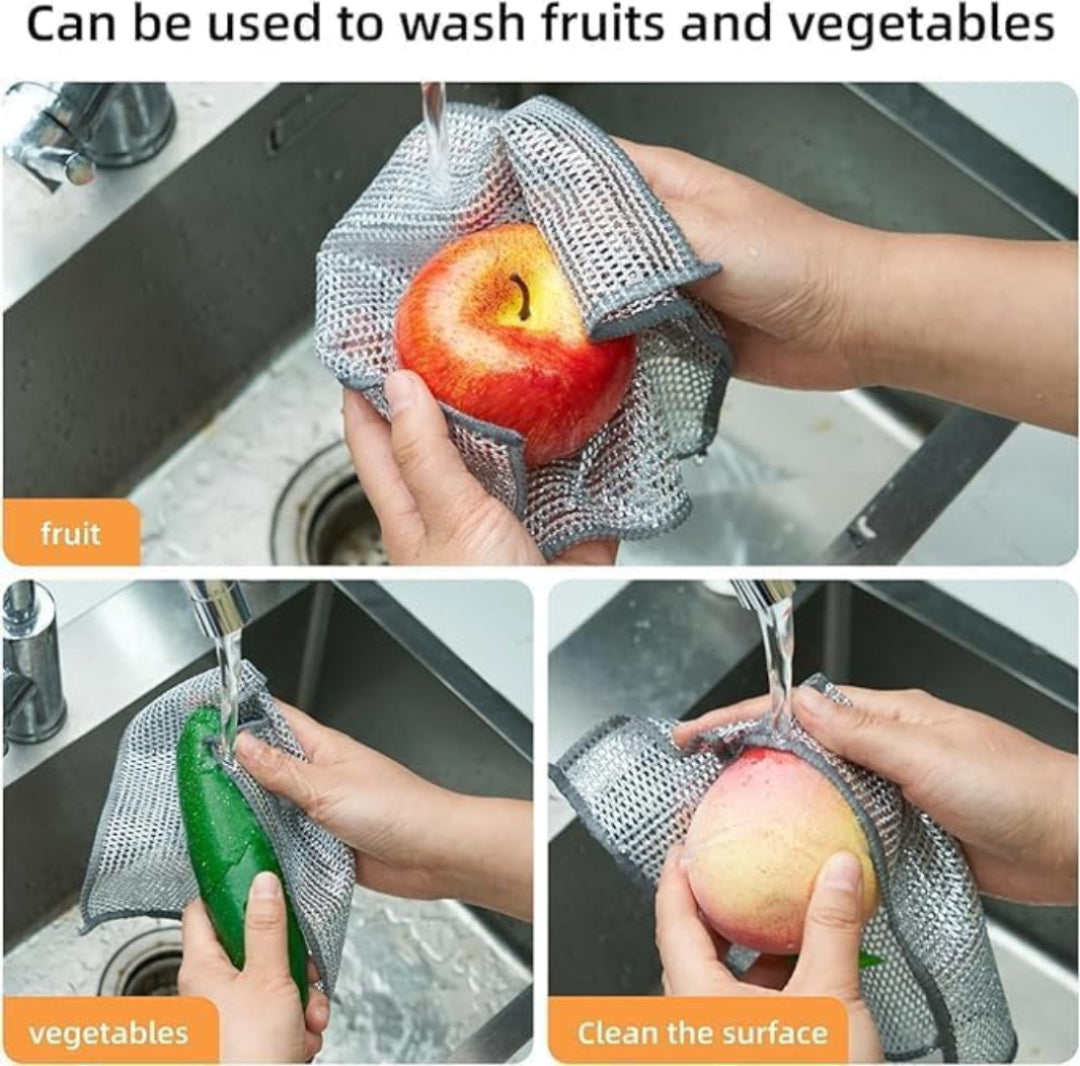 KLICKKART Double-sided Multipurpose Microfiber Cloths Stainless Steel Scrubber Non-scratch Wire Dishcloth Durable Kitchen Scrub Cloth