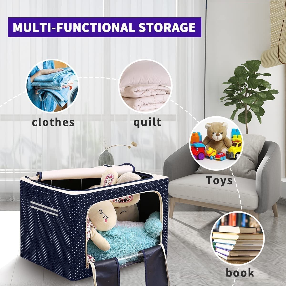 Foldable Steel Frame Clothes Living Storage Organizer Handled Bag Box For Large Size Bedding Blankets Women Saree Toys  Cloth Storage Box  Bag (66 Liters)