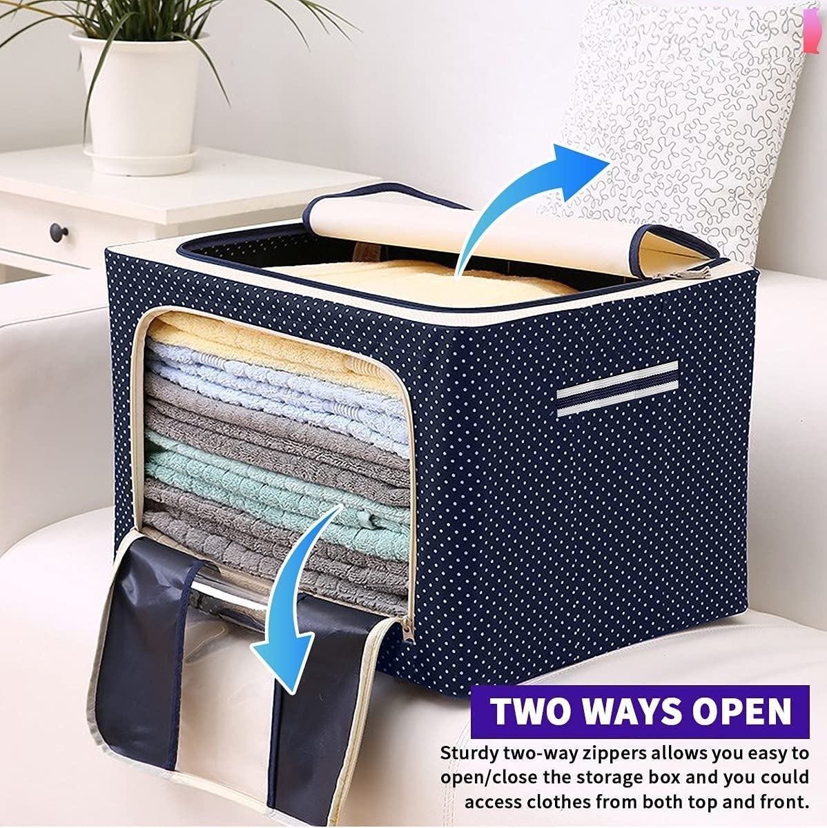 Foldable Steel Frame Clothes Living Storage Organizer Handled Bag Box For Large Size Bedding Blankets Women Saree Toys  Cloth Storage Box  Bag (66 Liters)