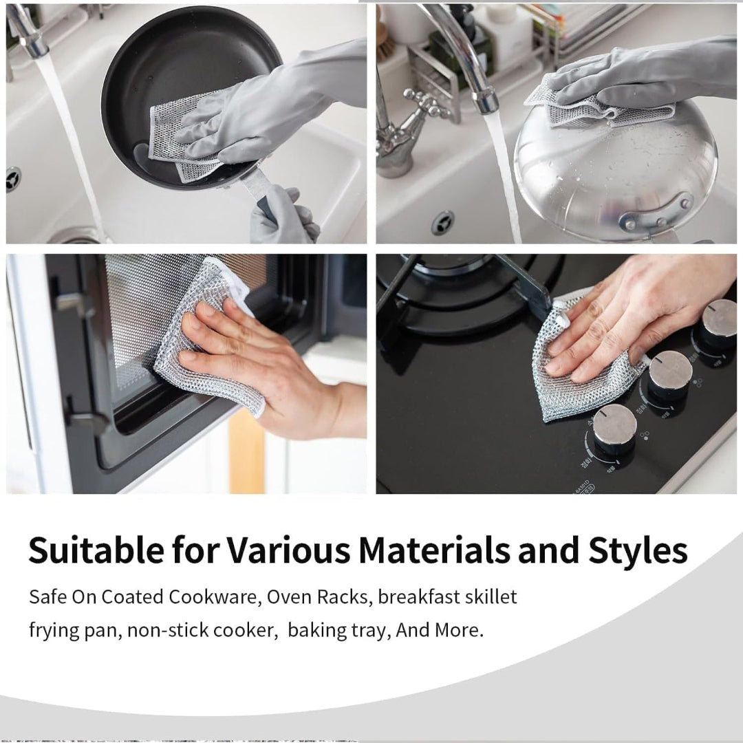KLICKKART Double-sided Multipurpose Microfiber Cloths Stainless Steel Scrubber Non-scratch Wire Dishcloth Durable Kitchen Scrub Cloth