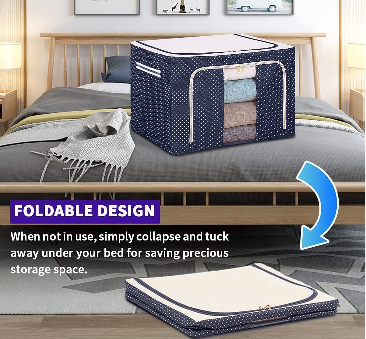 Foldable Steel Frame Clothes Living Storage Organizer Handled Bag Box For Large Size Bedding Blankets Women Saree Toys  Cloth Storage Box  Bag (66 Liters)