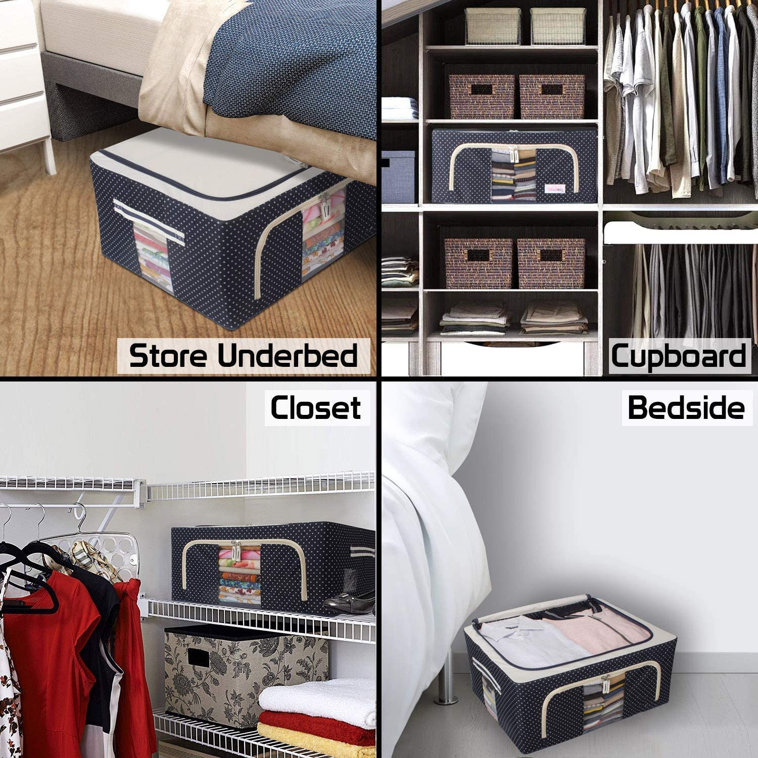 Foldable Steel Frame Clothes Living Storage Organizer Handled Bag Box For Large Size Bedding Blankets Women Saree Toys  Cloth Storage Box  Bag (66 Liters)