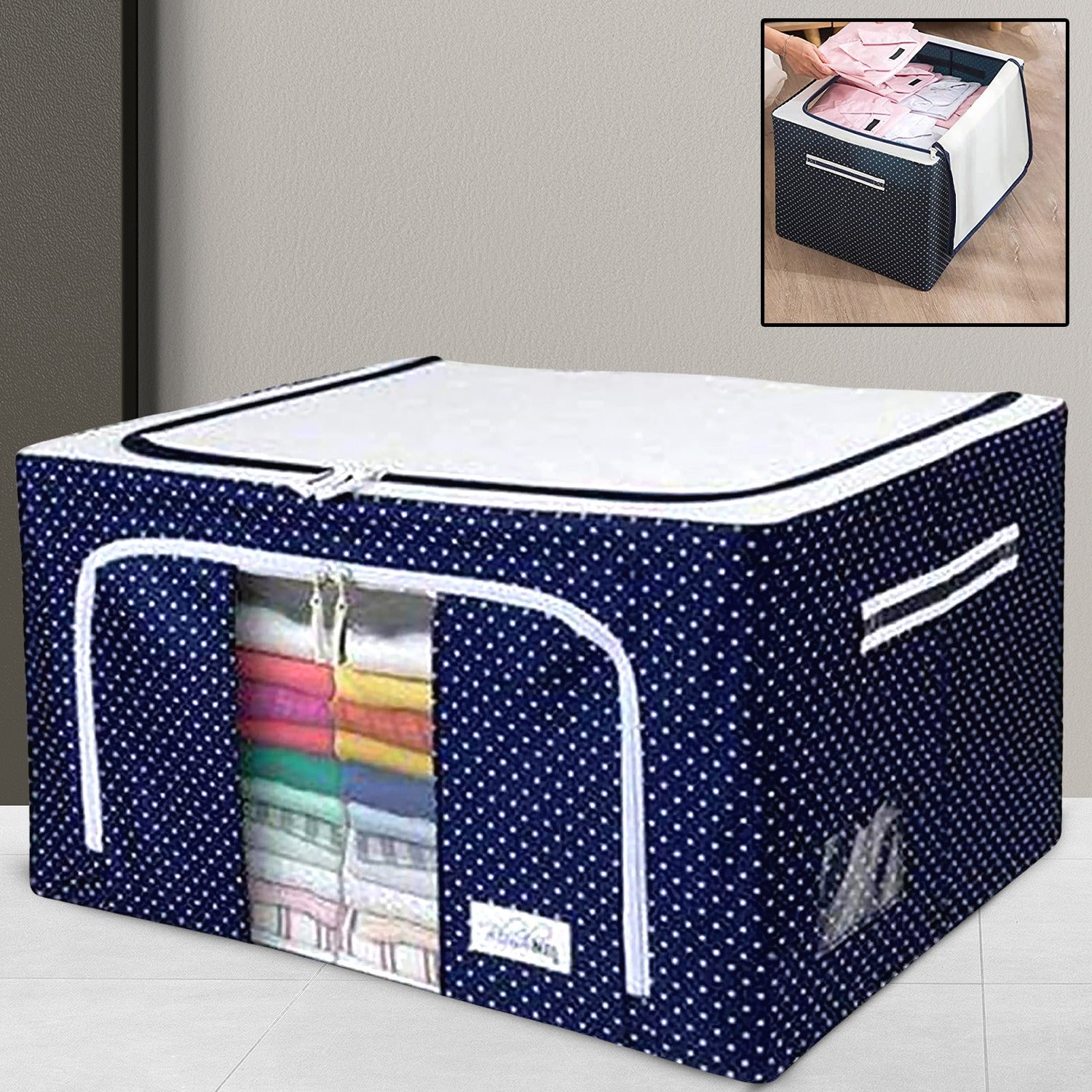 Foldable Steel Frame Clothes Living Storage Organizer Handled Bag Box For Large Size Bedding Blankets Women Saree Toys  Cloth Storage Box  Bag (66 Liters)