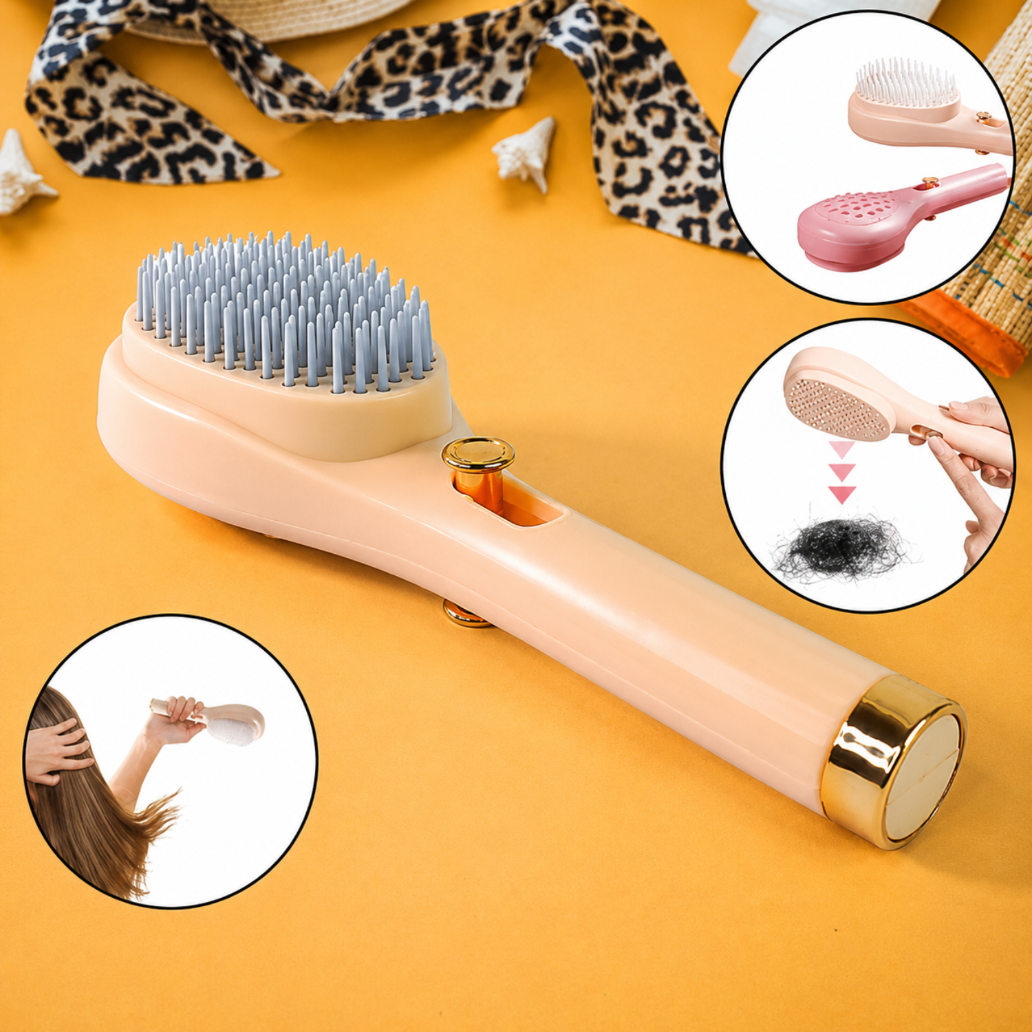 KLICKKART Self-Cleaning Anti-Static Massage Hair Brush – 2-in-1 Scalp Massager & 3D Air Cushion Hairbrush with One-Click Hair Removal for Women (1 Pc)