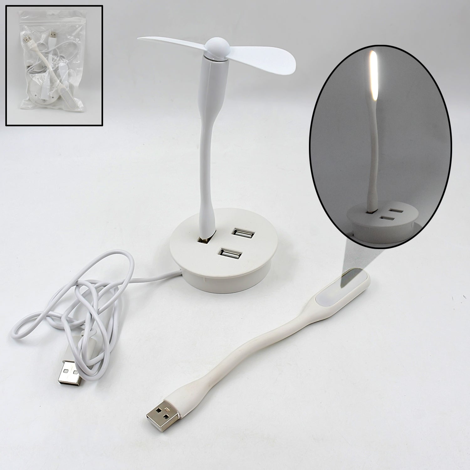 KLICKKART Portable Mini Usb Fan - Usb Light - Usb 3 Hub Port Combo 