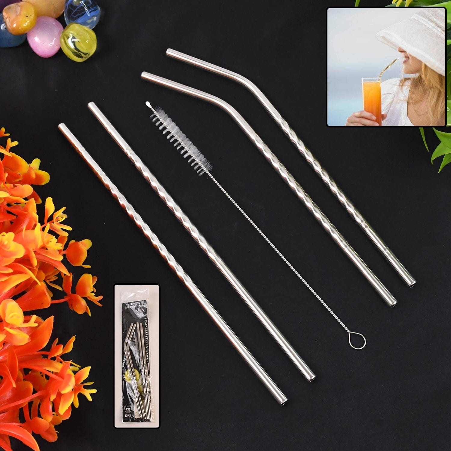 Reusable Stainless Steel Straws Set Of 5 (2 Straight Straws 2 Bent Straws 1 Brush)