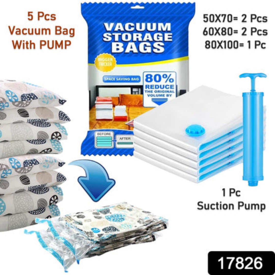 KLICKKART Vacuum Storage Bags With Suction Pump  Shirt Clips - Vacuum Bags - Big Capacity Vacuum Seal Bags For Travel Clothes Blankets Pillows Compression Bags  Space Saver Vacuum Storage Bags (5 Pcs Set)