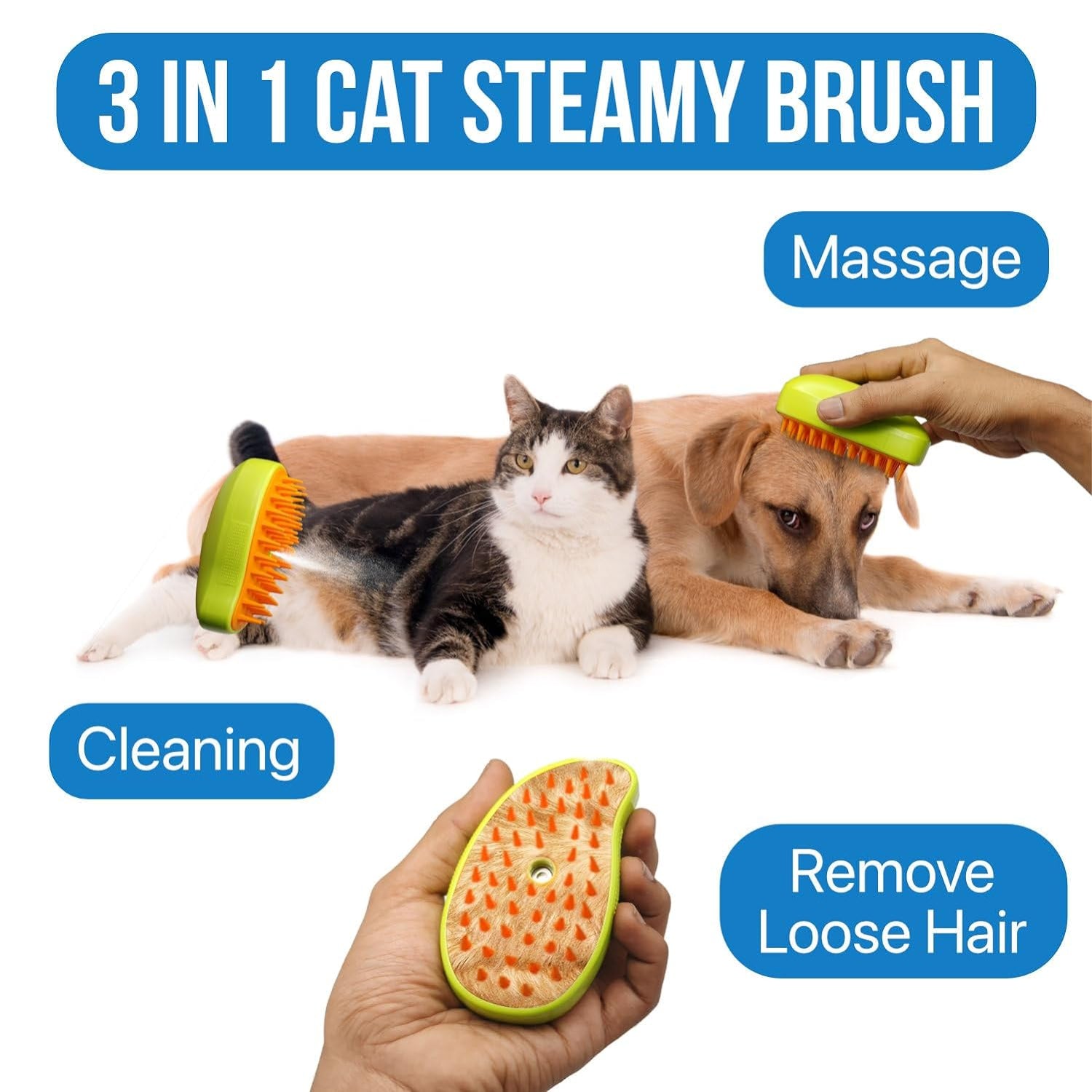 KLICKKART 3 In 1 Cat Steamy Brush Self Cleaning Steam Cat Brush Cat Steamer Brush For Massage Cat Grooming Brush Pet Hair Removal Comb For Cat And Dog For Removing Tangled And Loose Hair