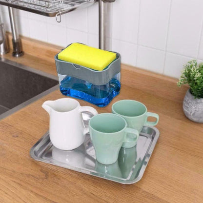2-in-1 Liquid Soap Dispenser with Sponge Holder for Kitchen Sink | Manual Press Soap Pump Dispenser | Countertop Soap Organizer with Anti-Slip Base