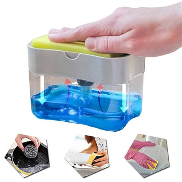 KLICKKART Sponge Holder for Kitchen Sink | Manual Press Soap Pump Dispenser | Countertop Soap Organizer with Anti-Slip Base