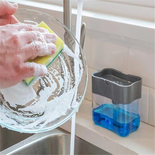 KLICKKART Sponge Holder for Kitchen Sink | Manual Press Soap Pump Dispenser | Countertop Soap Organizer with Anti-Slip Base