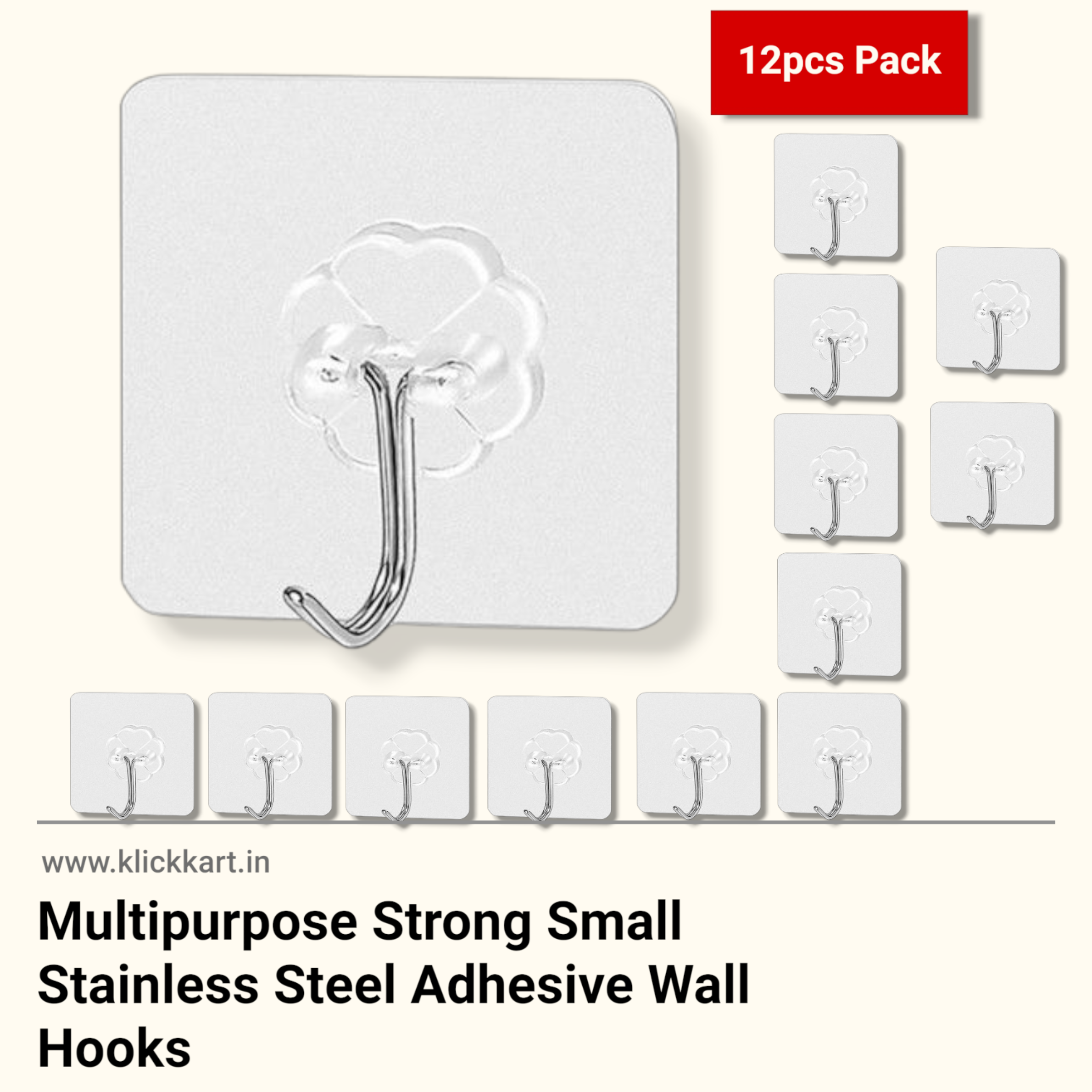 Multipurpose Strong Small Stainless Steel Adhesive Wall Hooks (Pack of 12pcs)
