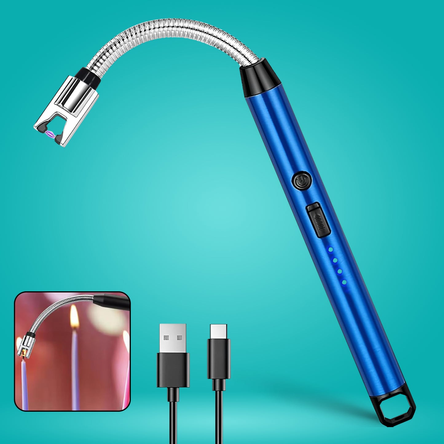 KLICKKART Metal Rechargeable Electric Arc Lighter with Flexible 360° Neck – Windproof USB Type-C Flameless Candle, BBQ, Kitchen & Camping Lighter with Safety Lock (1 Pc)